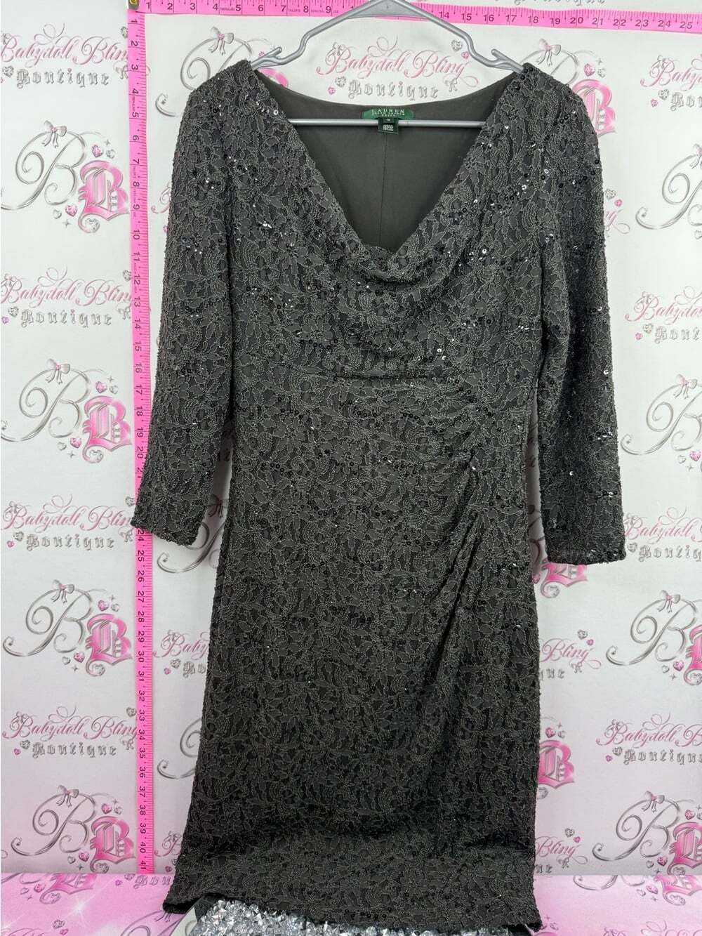 Ralph Lauren dress black beaded Charcoal Lace Cowl-Neck Long Sleeve Dress